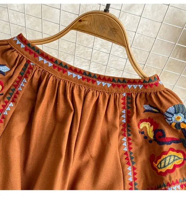 Retro Ethnic Sle Long Sve Embroidered round Ne A-Line Cotton Linen Dr Slimming Waist Cinched Ele Long Dr