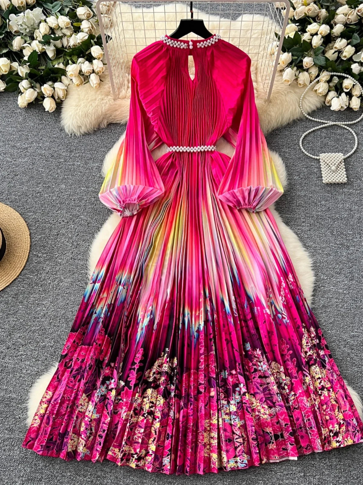 High-End Women's Dr Faionable Beaded round Ne Hollow out Pleated Lantern Sve Waist Cinched Floral Print Lon...