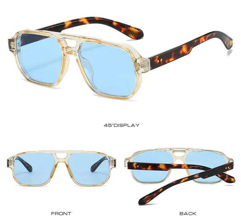 Vintage Double Bridges Men Square Sunglasses Fashion Clear Ocean Lens Eyewear Women Trending Rivets Sun Glasses UV400
