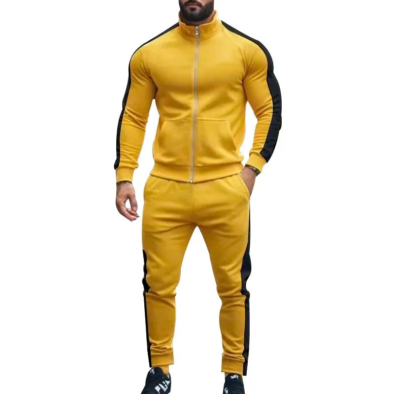 2025 Spring Autumn Men's 2-Piece Set Color Blocking Zipper Stand Collar Casual Sports Jacket Sweatshirt Trousers Suit