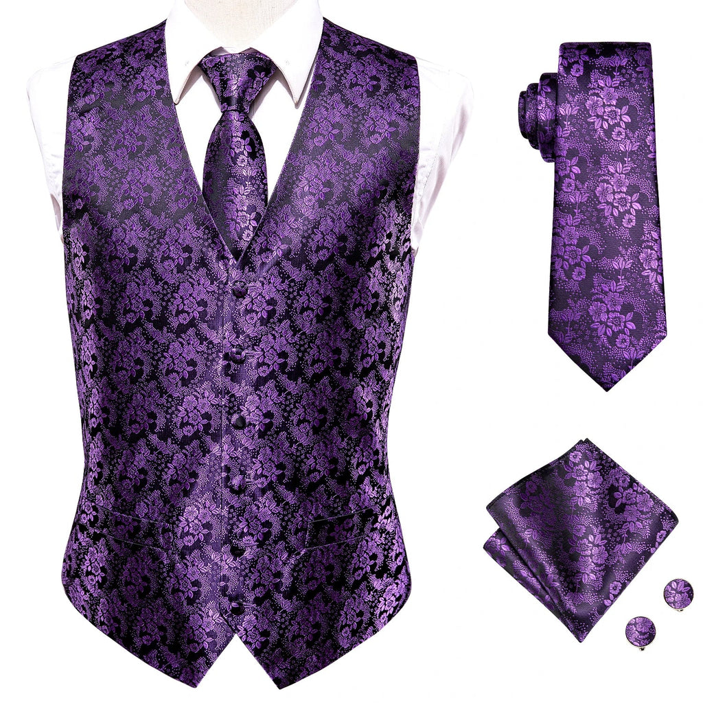 Green Mint Purple Mens Silk Vest Tie Jacquard Autumn Spring Suit Waistcoat Jacket Necktie Hanky Cufflinks for Men Wedding