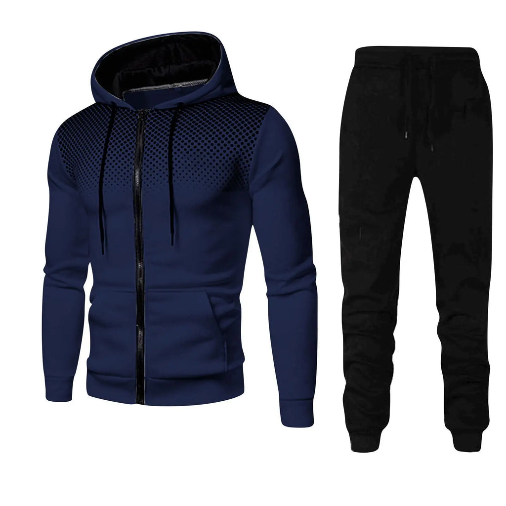 2025 New Men's Sports Set Spring and Autumn Outdoor Running Clothing Dot Print Zipper Hoodie Sports Pants Two Piece Set