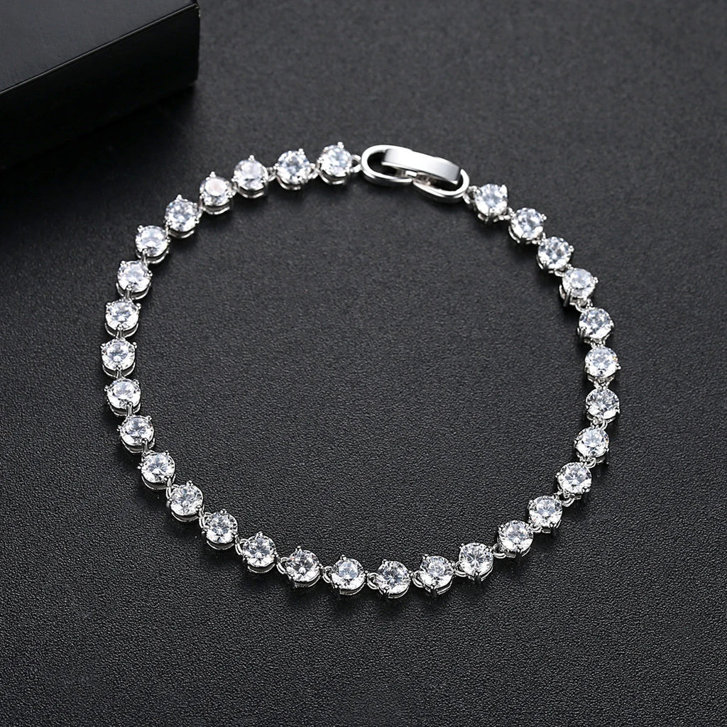 Silver Color 3 Prong Round Cubic Zirconia Necklace Earring Bridal Jewelry Set Simple Design Bride Wedding Accessories