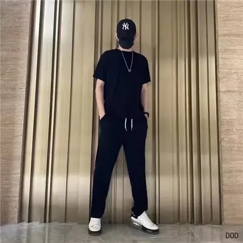 High-End Ice Silk Men's Sports Suit Casual Home Use Long Pants Short Sleeves Quick Drying Top Set Summer Collection