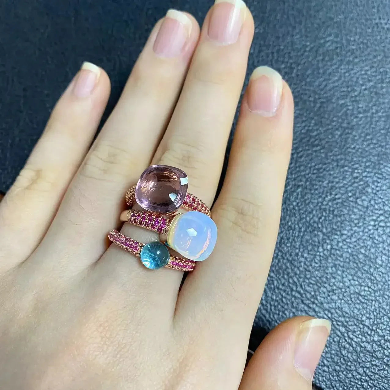 3Pcs/Set Nudo Ring Stacking Set for Women Mix Color Candy Crystal Inlay Zircon Amethyst Blue Topaz Round Jewelry Gift