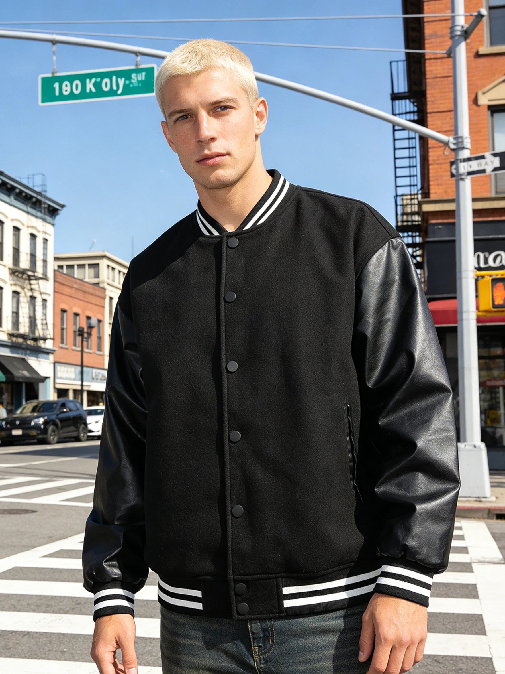 Men's Classic Varsity Jacket with Faux Leather Sleeves Letterman Style Baseball Coat Color-Block Lightweight Men's