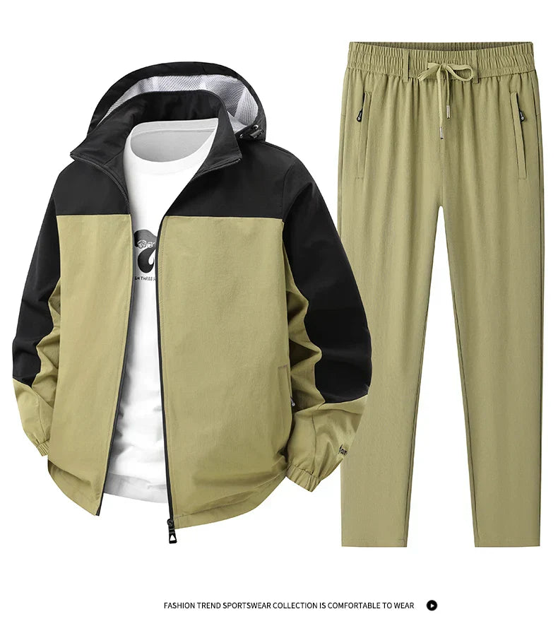 Men Spring Autumn Sport Set Comfortable Breathable Detachable Hooded Jacket Pant Set Training Morning Fitness Running Sport Suit