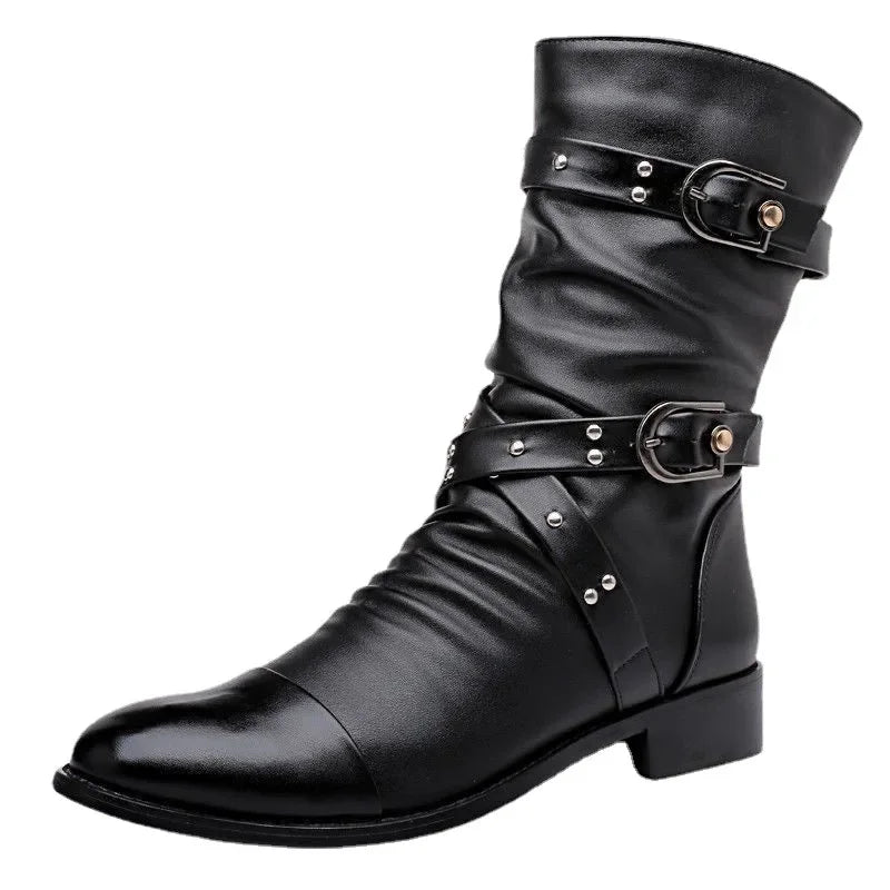 Men's Leather High Quality Mid Tube Boots Fashion Classic Autumn Winter Black Punk Rock Shoes Casual Men Womens Plus Size 38--48