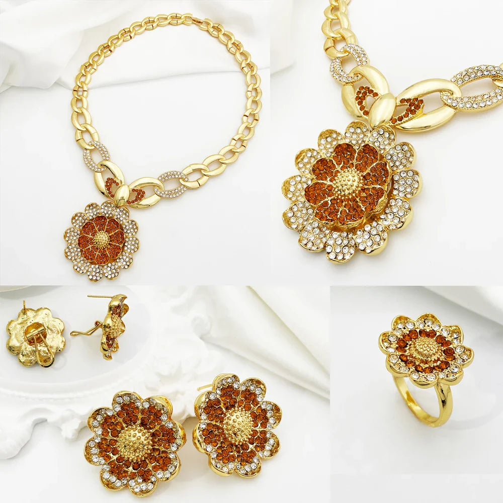 Vintage Jewelry Sets For Women Plant Flower Big Pendant Quality Necklace Earrings Ring Bracelet Set Jewelry Trending