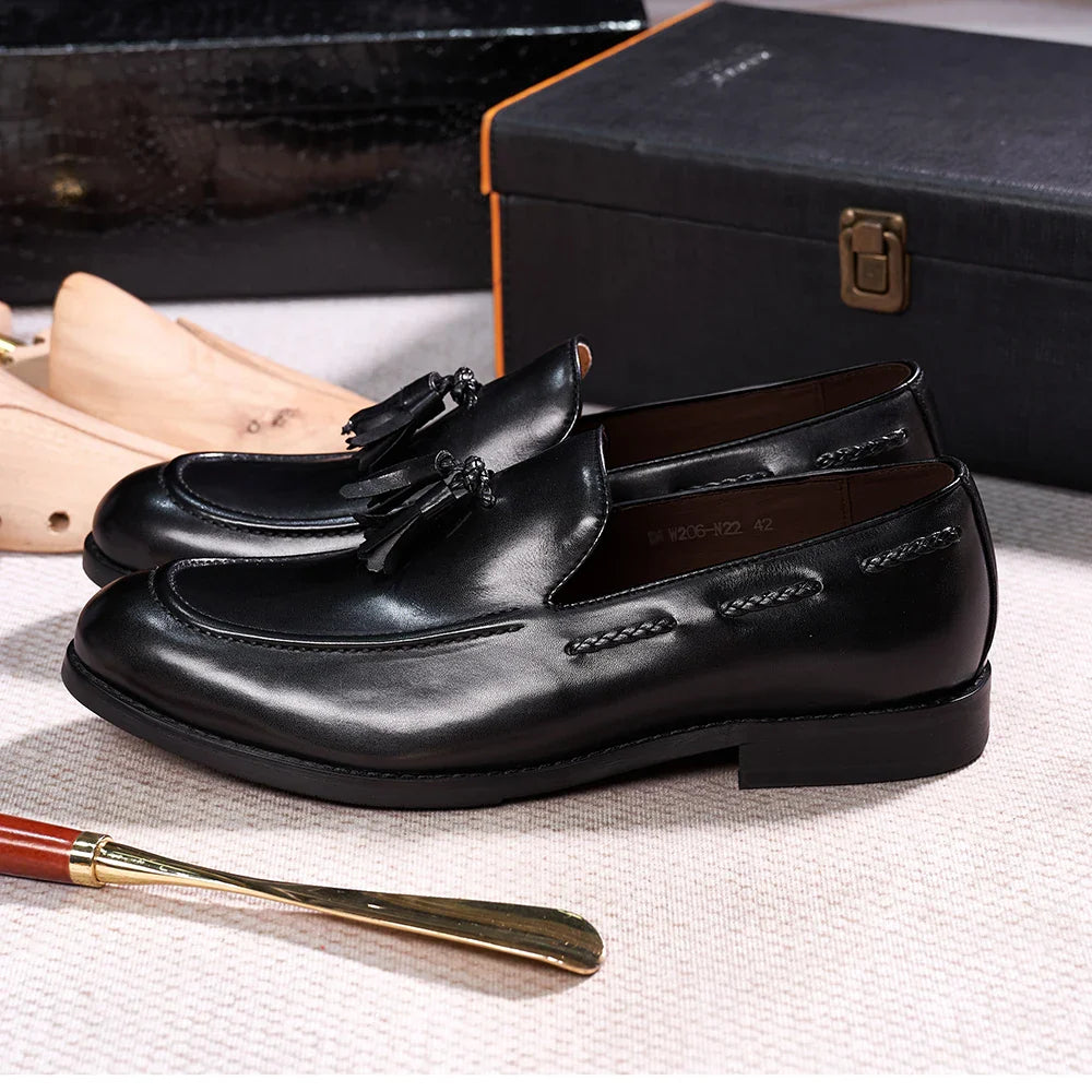 Classic Men's Genuine Leather Tassel Loafers Handmade Slip-On Casual Shoes Comfortable for Office Wedding Dressing Daily Wear