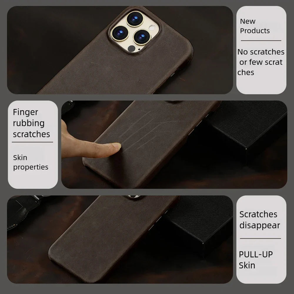 for Magsafe Case for iPhone 15 16 17 Pro Max Air Retro Luxury Full Grain Cowhide Genuine Oiled PULL-UP Leather Magnetic Cover