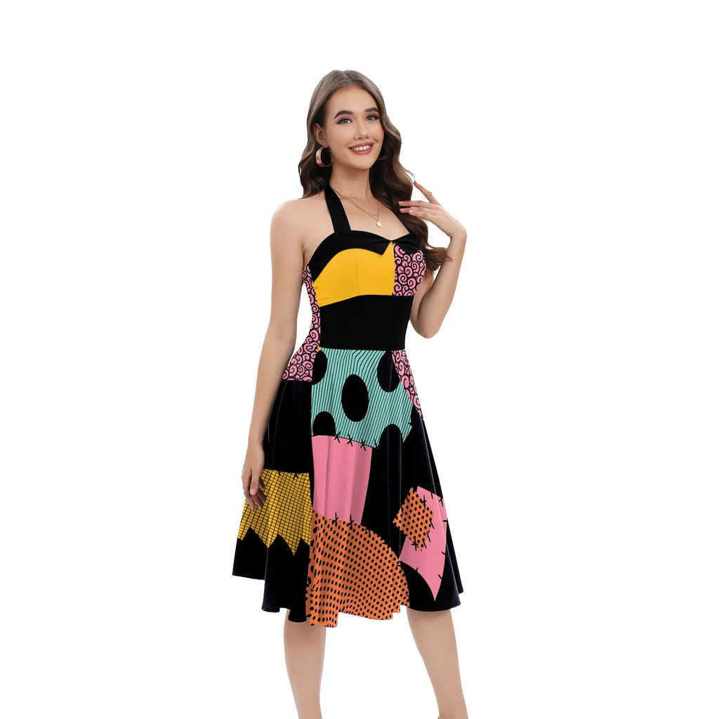 Halloween Nightmare Christmas Sally Dress Spaghetti Strap Women's Sexy Backless Dresses Patchwork Vestidos