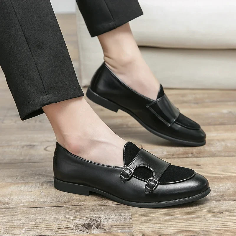 Men leather formal monk strap shoes slip on double buckle loafers large size 48