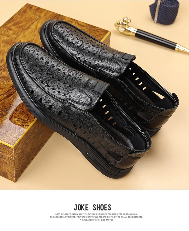 Spring Summer New Hallow Breathable Loafers for Men Fashion Casual Leather Shoes Male Solid Color Soft Sole Designer Shoes Man