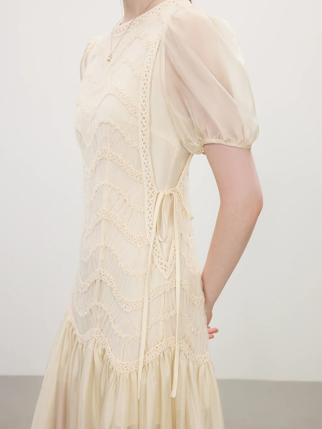 2025 Summer Women's Mesh Embroidery Dress Hollow Out Splicing Bubble Sleeves Waist Tie Y2K Trendy Boho Chic 25FS12832