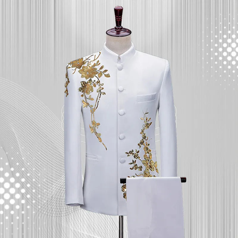 Fashion Men Stand Up Collar Floral Suit