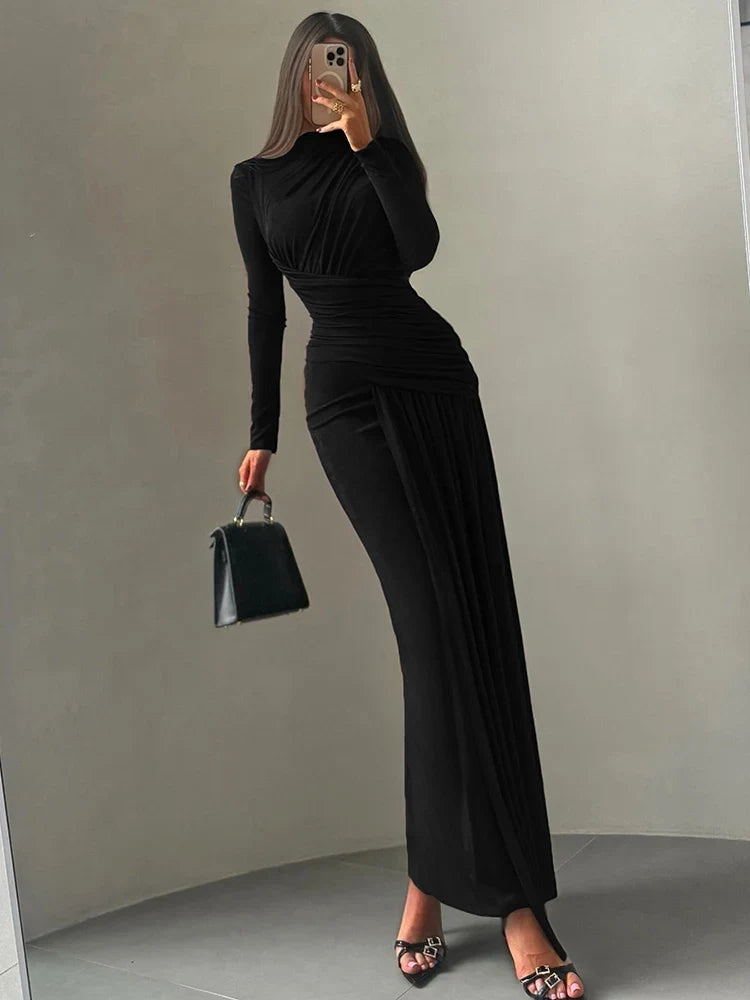 Sisterlinda Folds Maxi Dress Women O-Neck Full Sleeve Solid Banquet Elegant Vacation Fashion Autumn Skinny Casual Simple Vestido