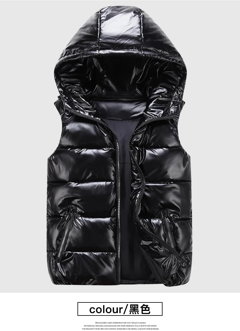 Classic Hooded Vest Man/Woman/Child Winter Hooded Glossy Cotton Vest Casual Waistcoat Men's Sleeveless Jacket Warm Overcoats Hat