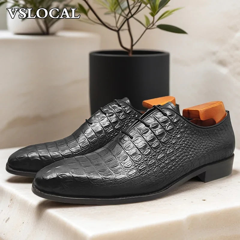Luxury Men Oxford Shoes Green Black Croco Print Casual Mens Dress Shoes Lace up Wedding Office Genine Leather shoes men