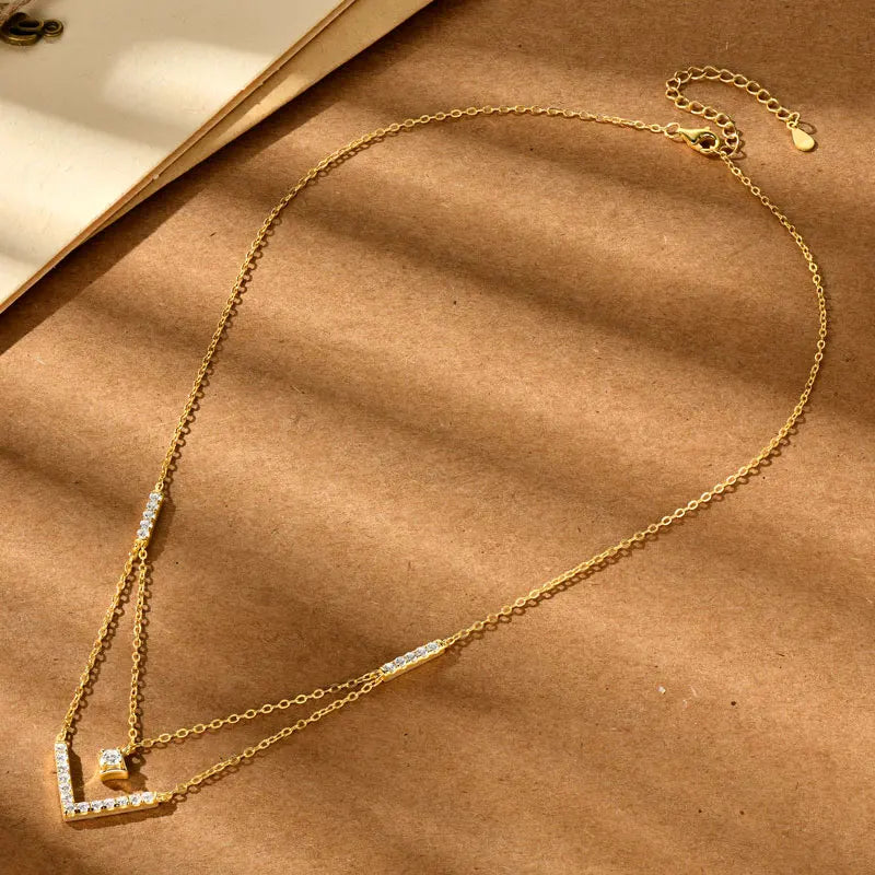 Sparkling 3mm&1.8mm Round Moissanite Necklace 925 Sterling Silver Fashion V-Shape Necklaces for Women Fine Jewelry Gift