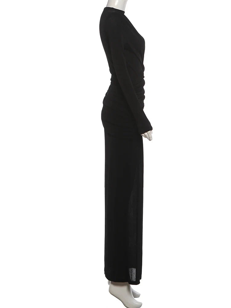 Nibber Folds Maxi Dress Women o-Neck Full Sleeve Solid Banquet Elegant Vacation Fashion Autumn Skinny Casual Simple Vestidos