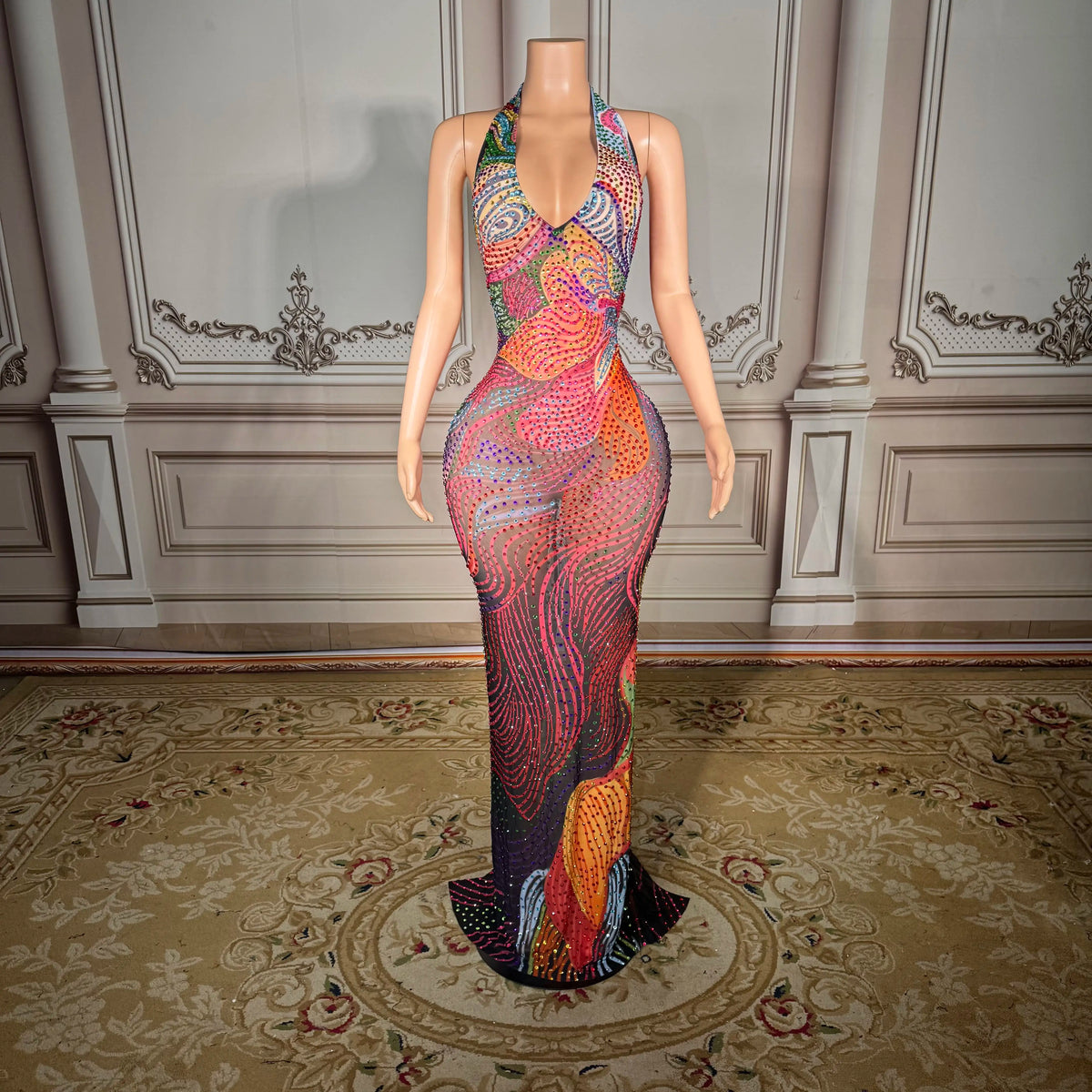 Plus Size Sexy Sheer Mesh Dress with Low Back & Colorful Rhinestones - Glamorous Nightclub & Party Gown for Women