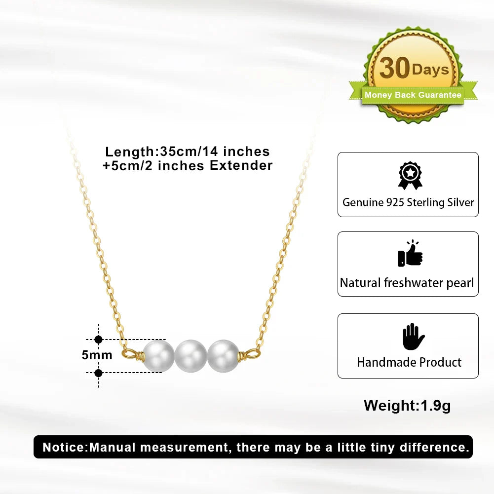 Handmade 925 Sterling Silver Pearl Necklace with 3 Pieces 6mm Real Natural Baroque Pearl for Women Jewelry GPN20