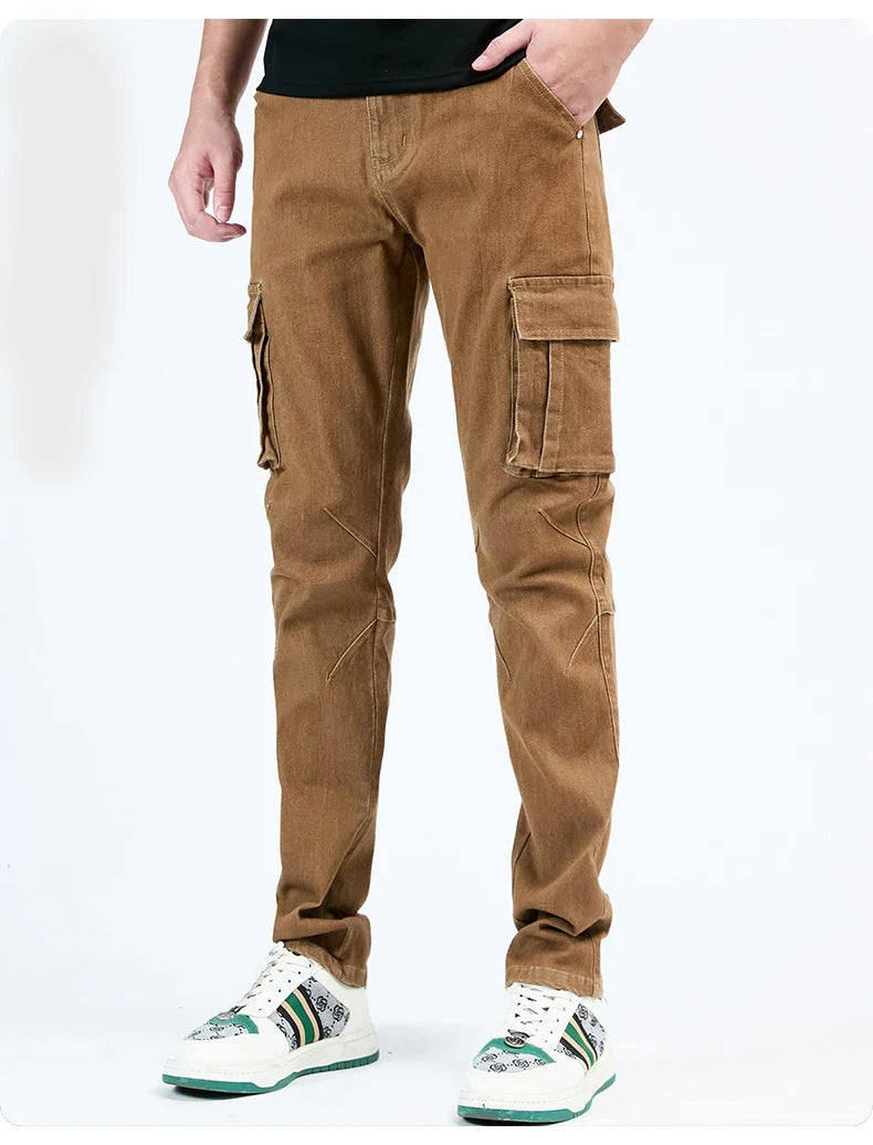 Men's Street Style Elastic Waist Denim Cargo Pants Solid Color Washed Slim Fit Casual Jeans with Multiple Pockets for Daily Wear