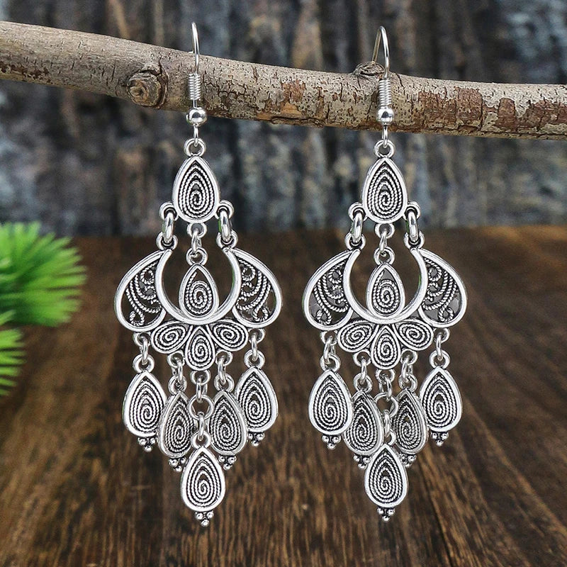 Vintage Bohemian Long Earrings For Women Big Statement Carved Geometric Tassel Boho Tibetan Silver Bronze Color Jewelry Earrings