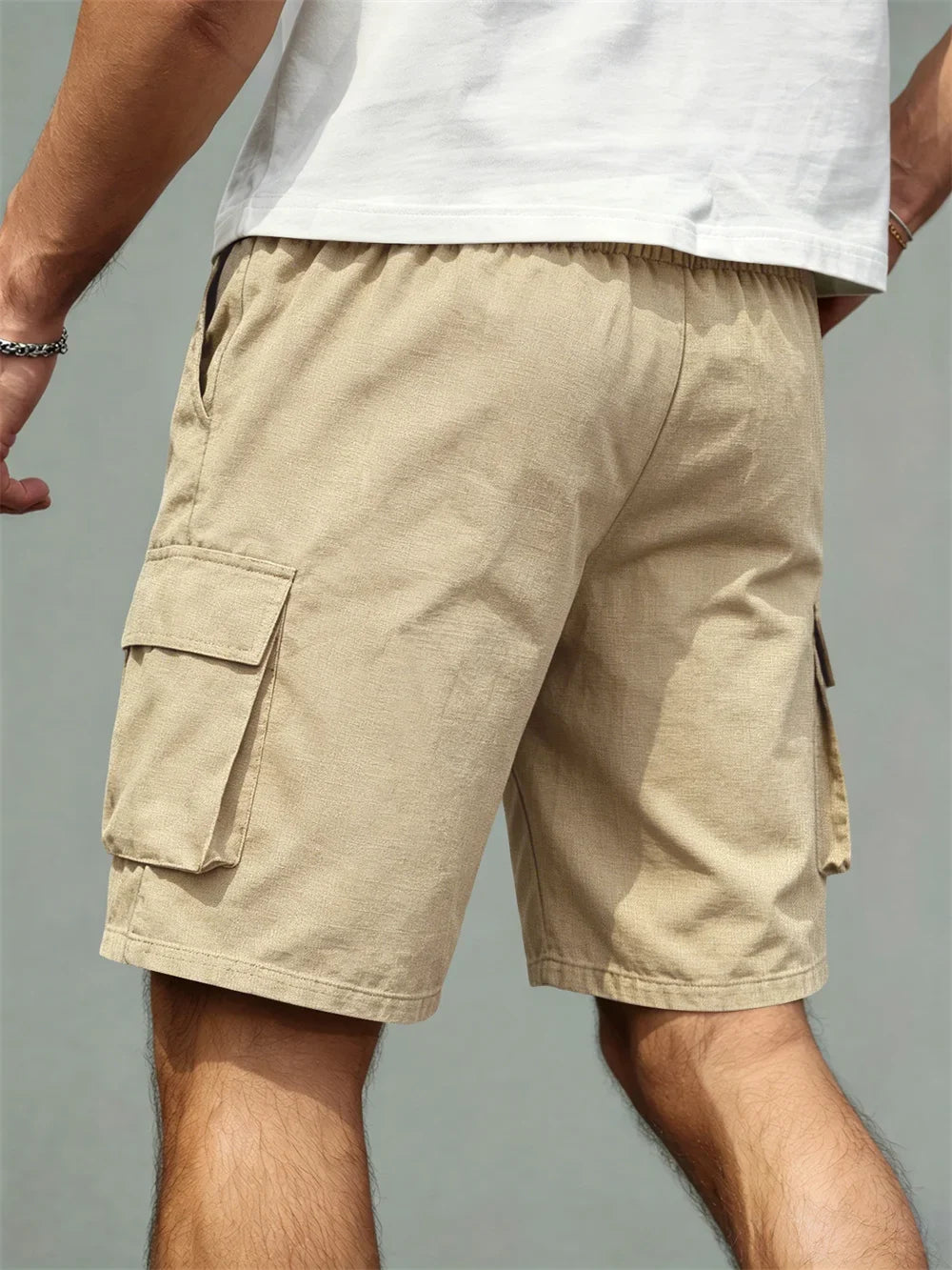Men's Loose Polyester Straight-Leg Pants, Casual Multi-Pocket Work Shorts, High-End Men's Shorts, Drawstring Daily Work Shorts