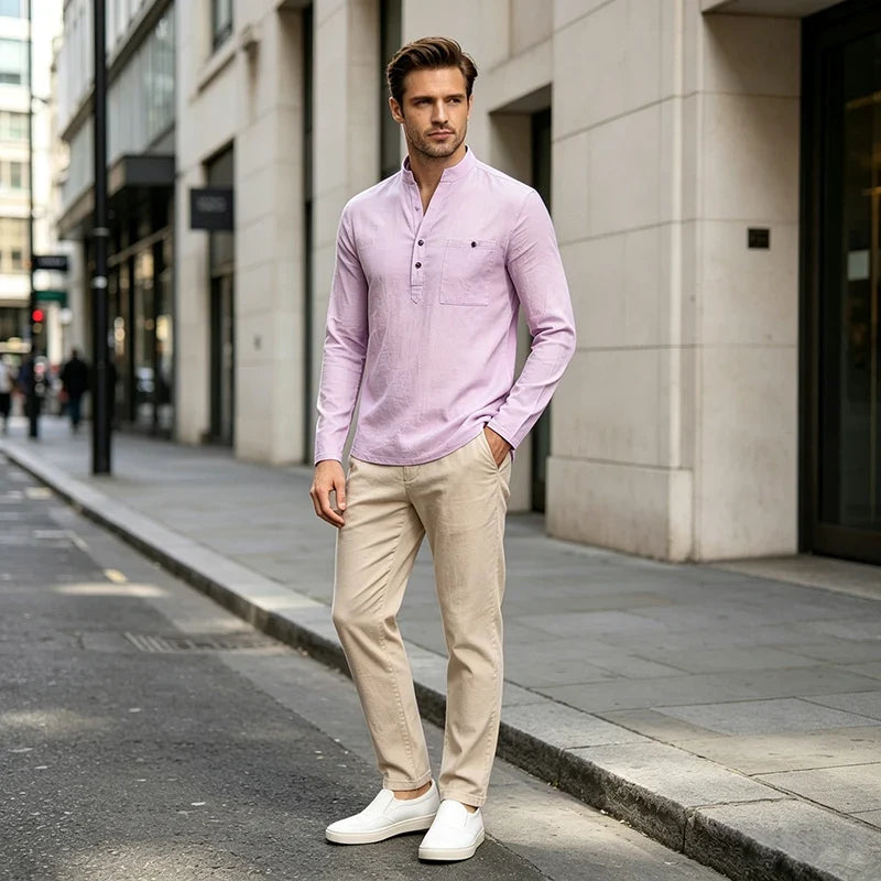 Men Mandarin Collar Long Sleeve Henley Cotton Linen Shirt With Chest Pocket Breathable Lightweight Beach Travel Daily Casual Top