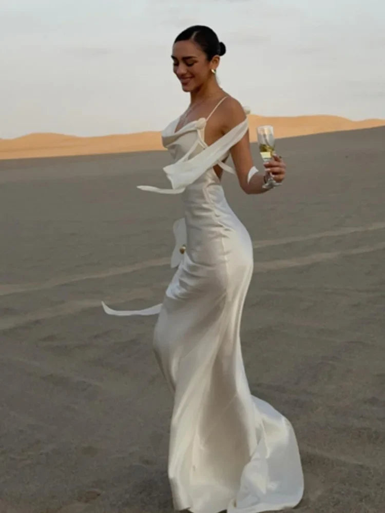 Elegant 3d Flowers Backless Dress Women Bodycon Swing Collar Sleeveless White Sling Maxi Robe 2025 Summer Lady Evevning Vestidos