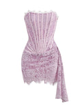 VC Christmas Dress For Women Red Lace Sexy Strapless Sleeveless Slim Supper Short Dress With Lace-Up