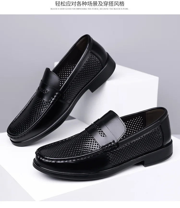 2026 Summer New Men's Breathable Leather Loafers Slip-On Hollow Out Casual Business Casual Shoes for Man Flat Driving Shoes Male