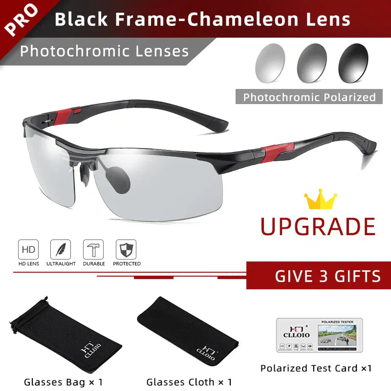 CLLOIO Aluminum Photochromic Sunglasses Men Polarized Day Night Driving Chameleon Glasses Anti-Glare Change Color Sun Glasses UV