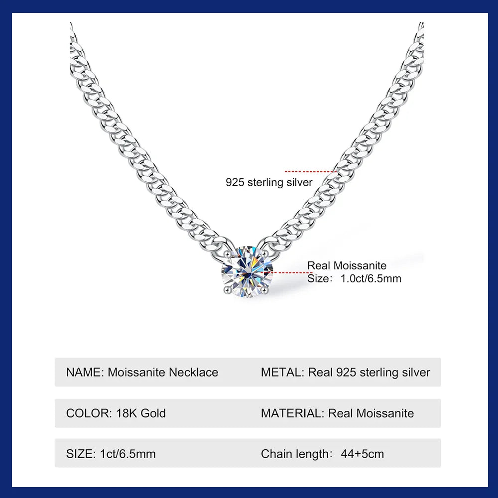 100% 925 Silver Cuban Chain Necklace 1CT 2CT 3CT Moissanite Pendant Necklaces for Women Men Plated 18k Gold Jewelry with GRA