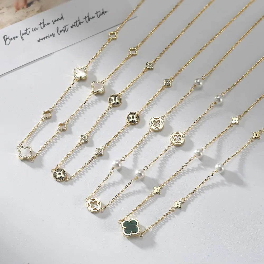 Pure 925 Silver Classic Simple Four-leaf Flower Pendant Necklace Shell Clover Choker Chain Daily Wear Jewelry GMN63