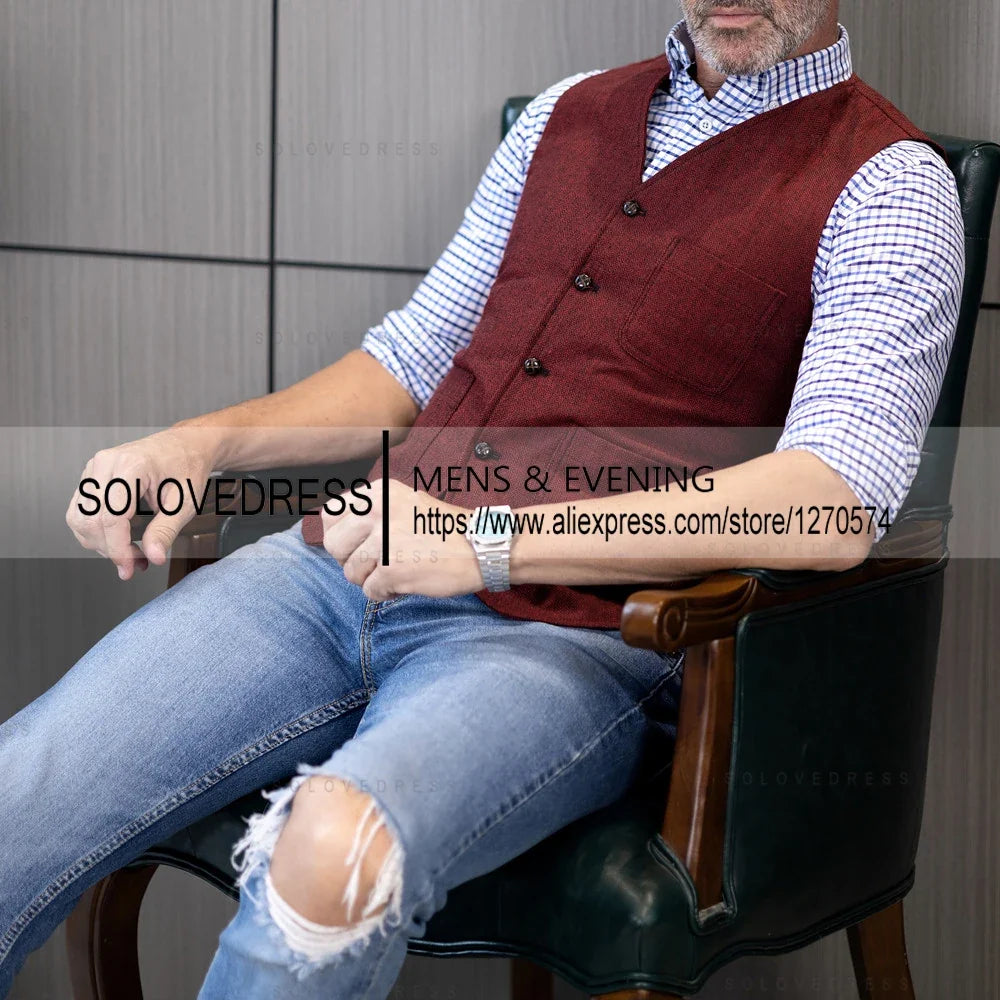 V Neck Men's Suits Vest  Herringbone Tweed  Formal Business Waistcoat Vest For Men For Wedding