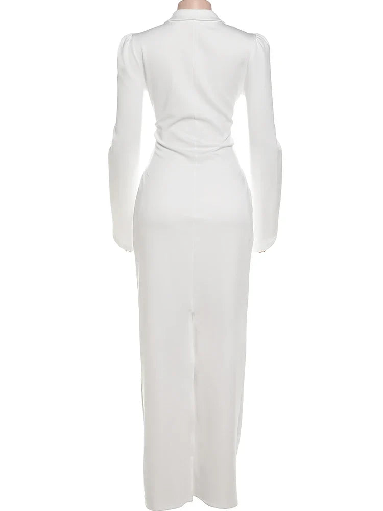Sexy Maxi Dress Women Shoulder Padded Zip Wrapped Bandage Long Sleeve Slit Elegant Solid Office Simple Skinny Bodycon