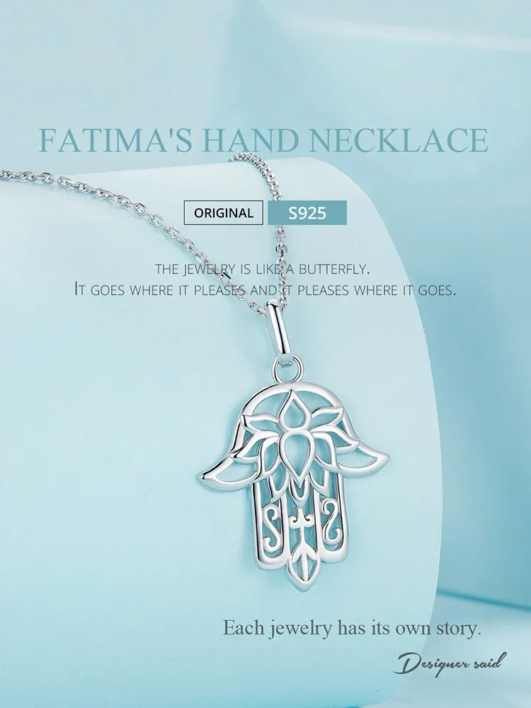 925 Sterling Silver Guardian Fatima's Hand Pendant Necklace Flower Pattern Neck Chian for Women Platinum Plated SCN490