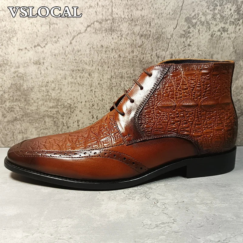 Luxury Brand Men Ankle Boots Shoes Black Brown Crocodile Prints Lace-up Mens Dress Boots Genuine Leather Dress Boots Men