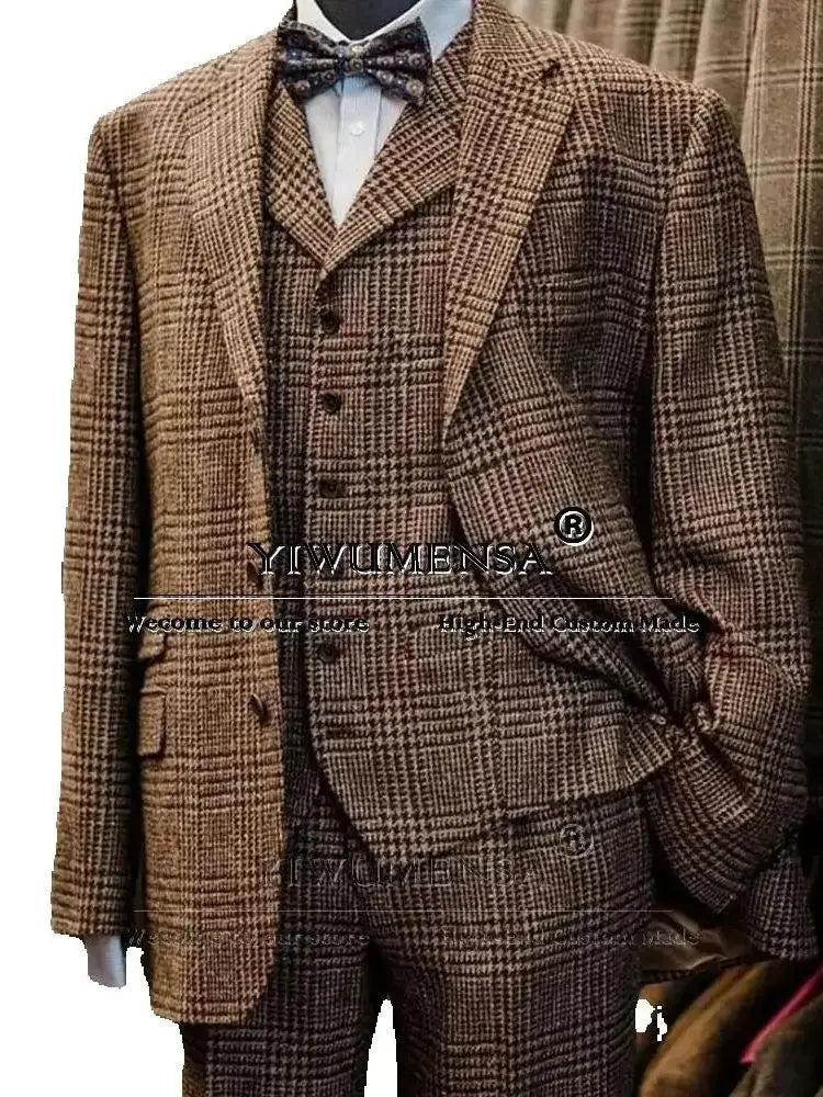 Elegant Business Suits Men 3 Pieces Formal Party Houndstooth Wool Blazers Customized Man Banquet Groom Wedding Tuxedos British