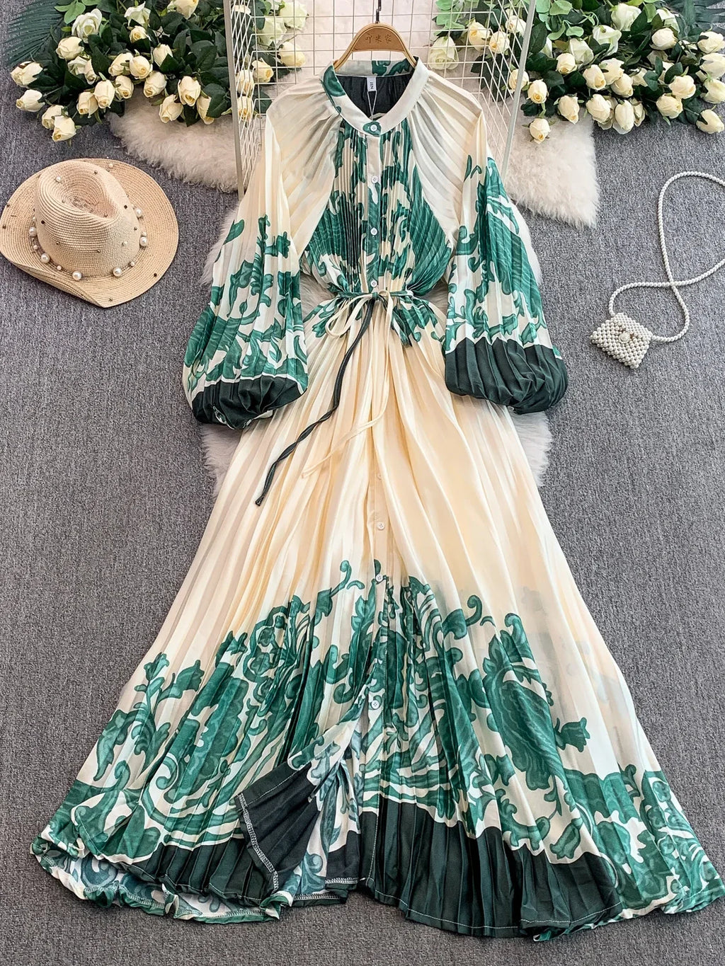 Printed round Ne Lantern Sve Dr Women's Single Button Waist Cinch Maxi Skirt Long Dr Commute Sle Autumn