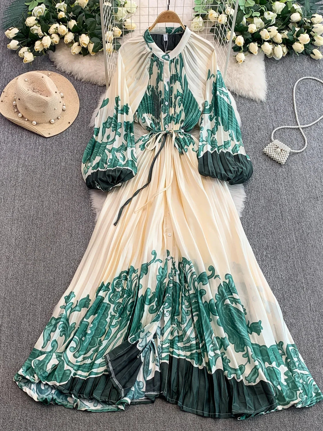 Printed round Ne Lantern Sve Dr Women's Single Button Waist Cinch Maxi Skirt Long Dr Commute Sle Autumn