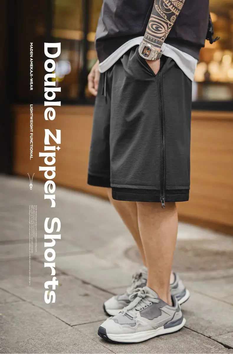 Outdoor Double Zippers Shorts Men's Summer Breathable Running Sport Shorts Lightweight Quick-Dry Training Street Bottoms