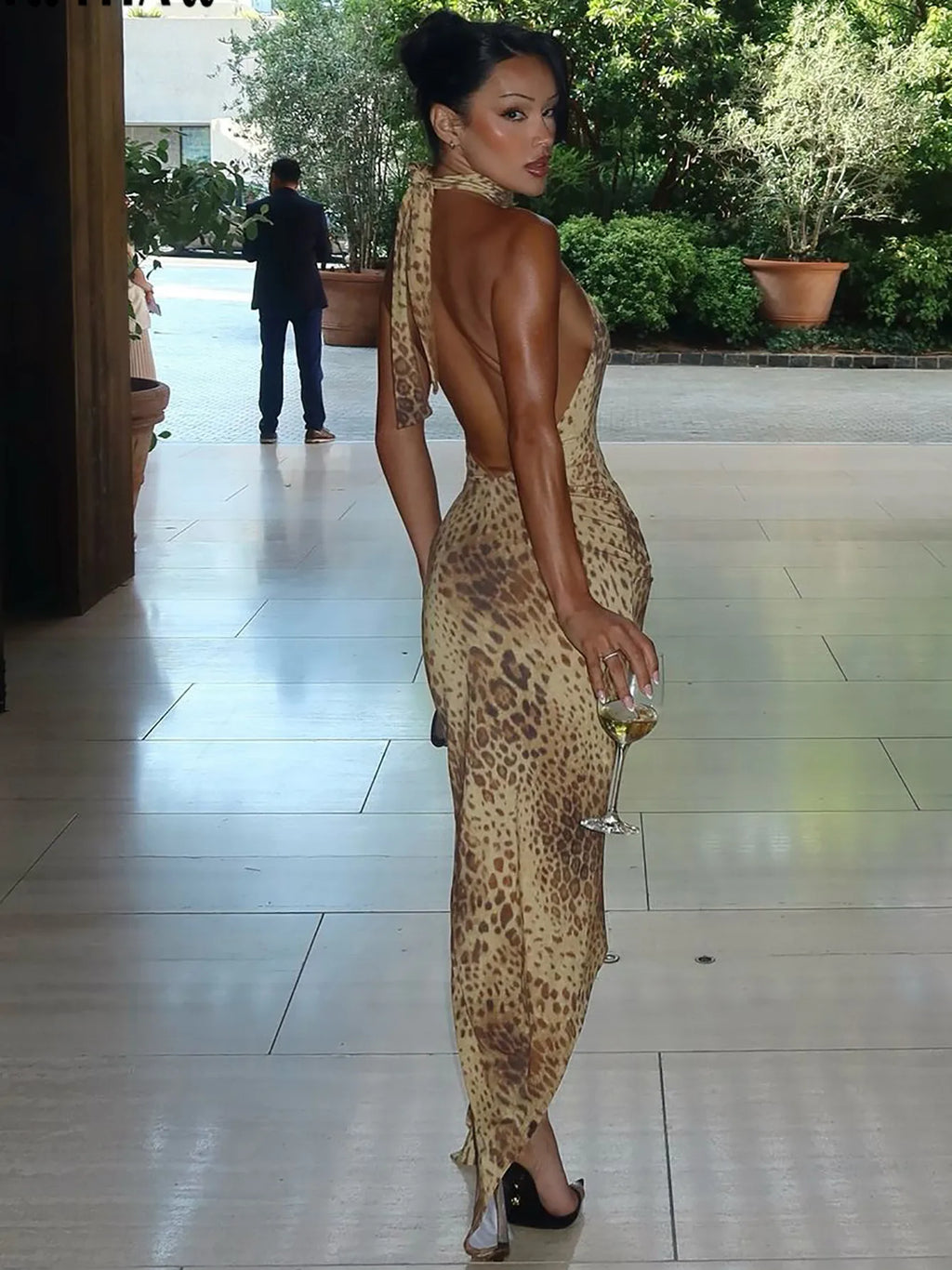 Women Sexy Party Club Evening Leopard Bodycon Backless Midi Dress