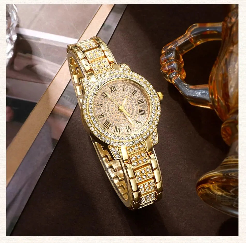 Golden Watch Women Ring Necklace Earrings Rhinestone Fashion Wristwatch Female Casual Ladies Watches Bracelet Set Clock