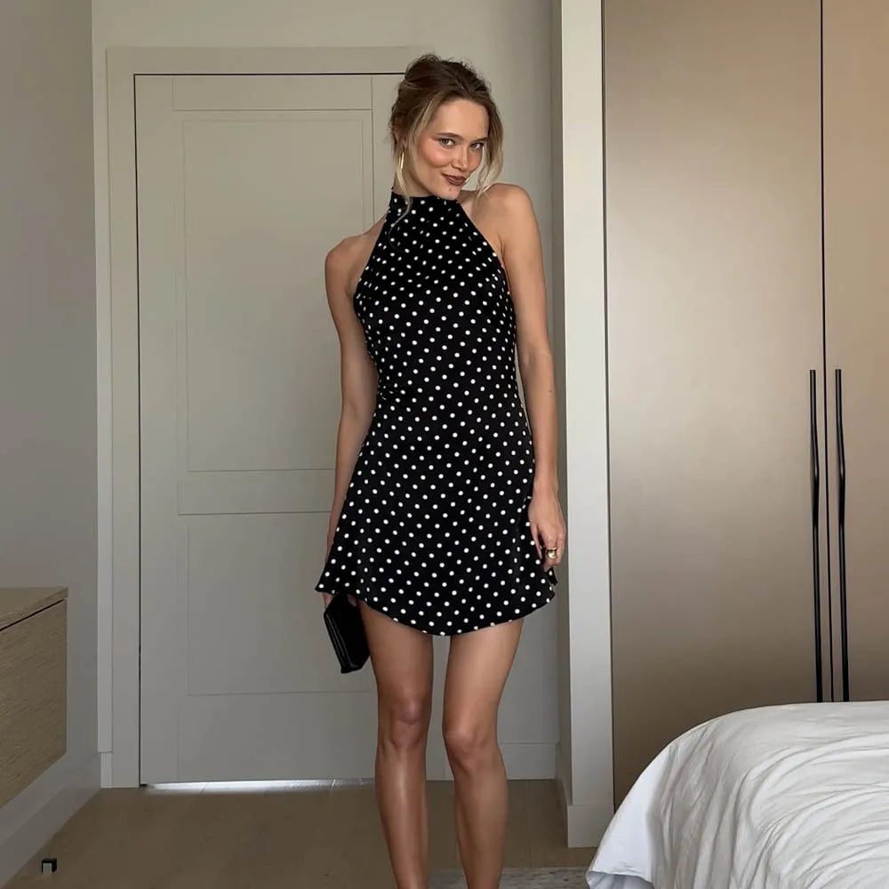 Woman Clothes Halter Sleeveless Polka Dot Satin Short Dress 2026 Summer Sexy Bandage Backless Mini Evening Party Dresses