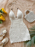 Summer Sexy V-Neck Hollow-Out Wooden Beads Fitted Dress, Vacation Spaghetti Strap Backless Ombre Knitted Dress, Suitable