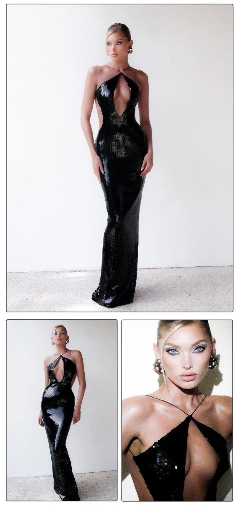 VC Women'S Gold Sequins Luxury Party Gown Sexy Backless  Long Dress For Wedding Banquet Party Female Clothing